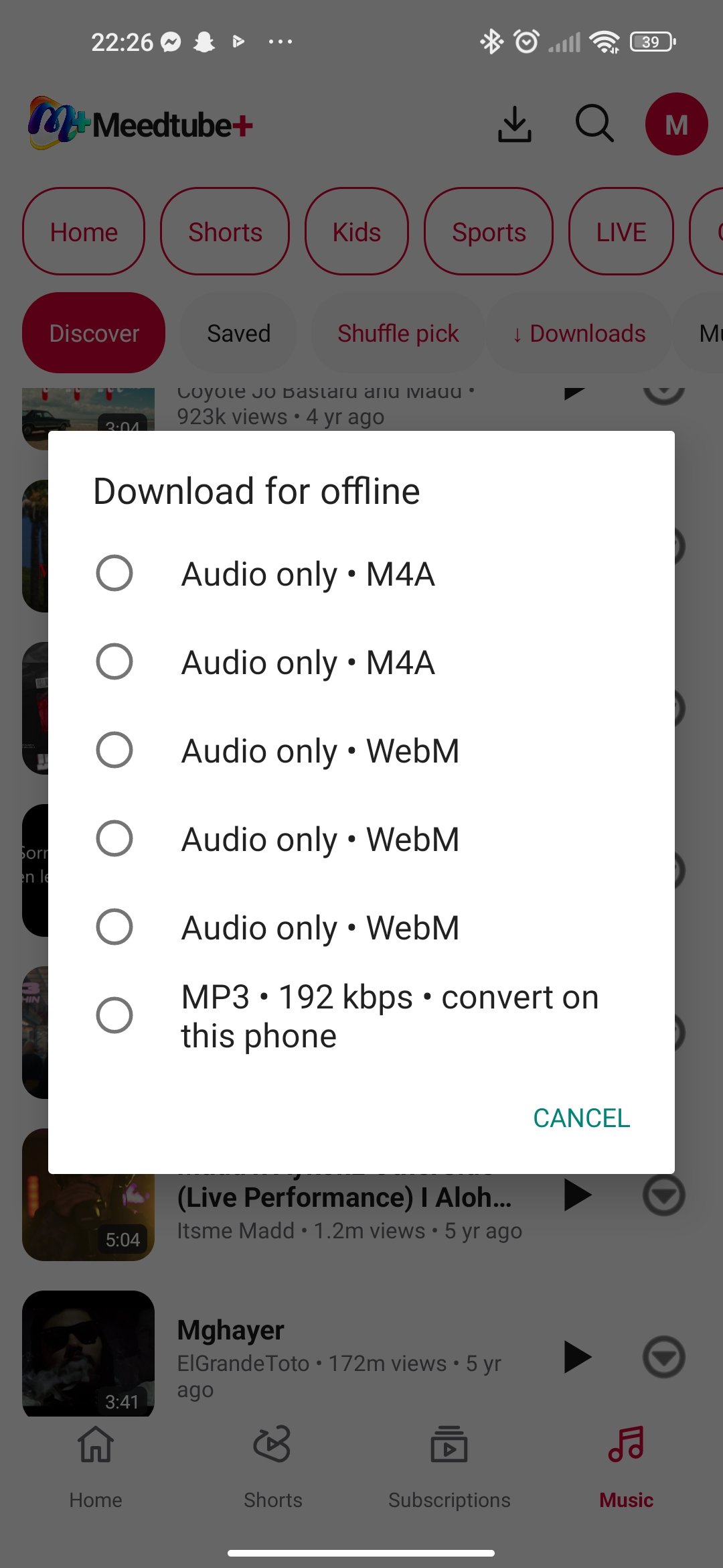 Meedtube+ Mobile offline format selector